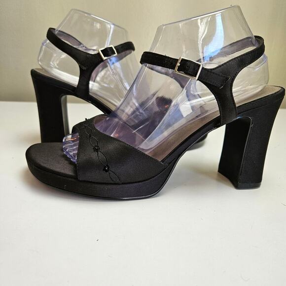 Y2K Unlisted Wedge Heels Women's 10‎ Black Satin Sequin Ankle Strap Sandals - Picture 2 of 12